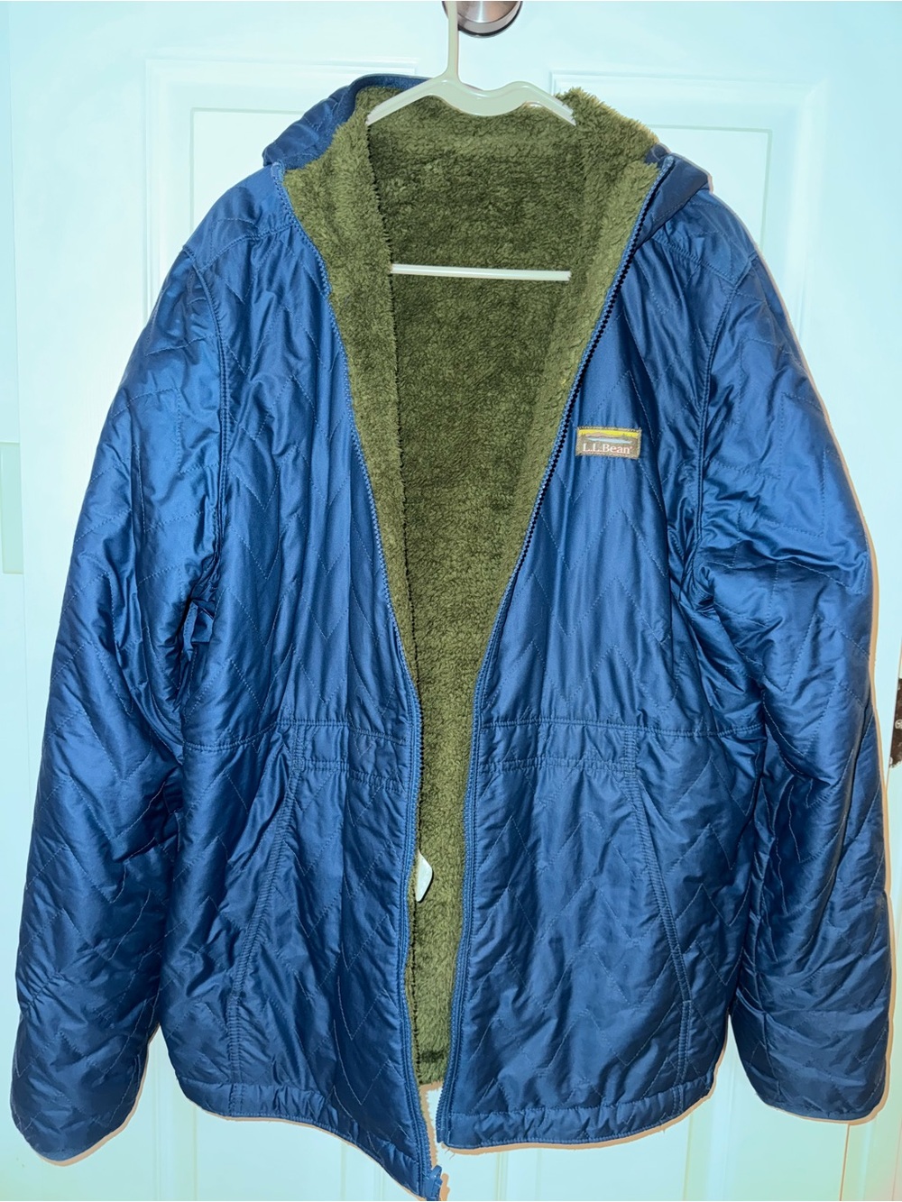 L.L. Bean Navy Quilted Puffer Jacket with Olive Sherpa Lining